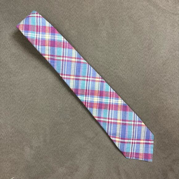 Boston Traders Madras Plaid Tie Cotton Y2K Blue Pink Preppy Spring Easter - Picture 1 of 4